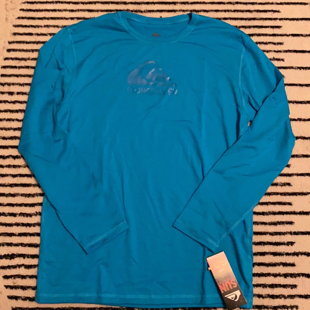 BNWT Quiksilver Mens long sleeve rashguard blue S M XXL fish swim surf UPF 50+
